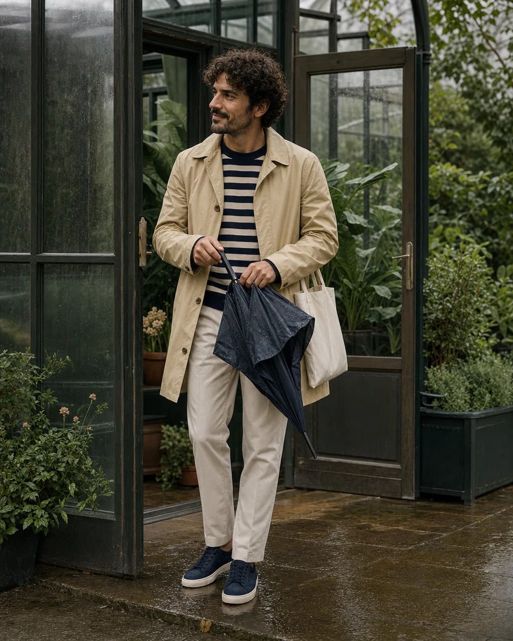 A restrained layered outfit in cream, navy and brown