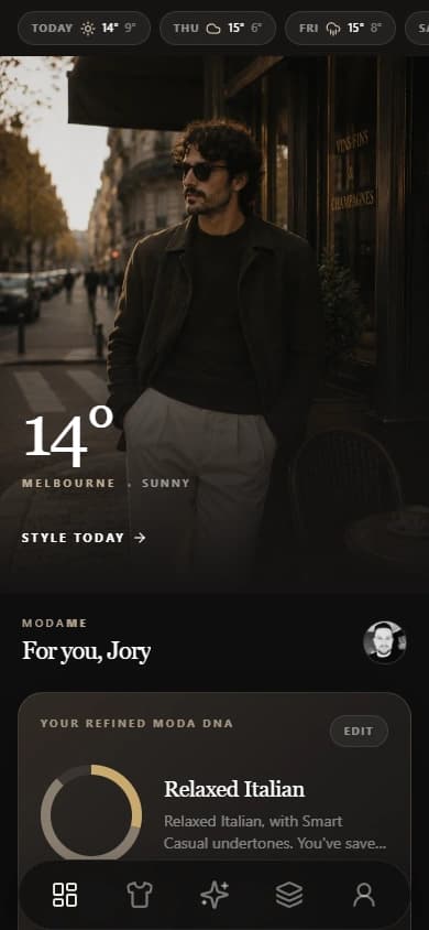 MODAME Home dashboard with a male editorial look and personal style intelligence