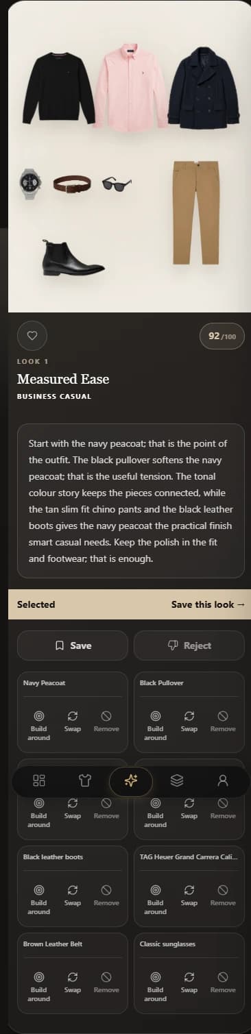 A real ModaMe generated smart-casual outfit with its score and styling rationale