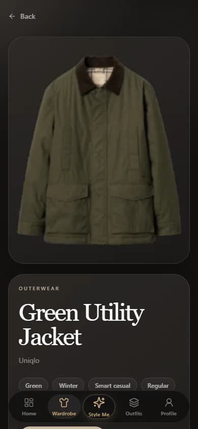 The real ModaMe item intelligence view for a green utility jacket