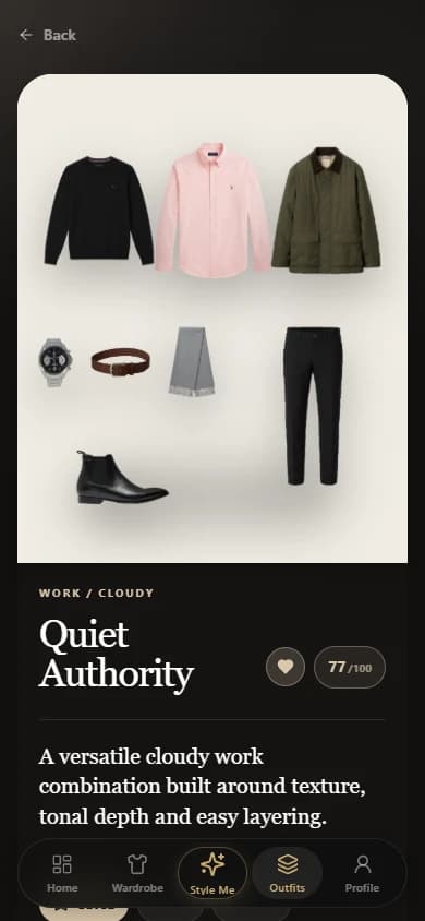 The real ModaMe Quiet Authority outfit detail with styling rationale