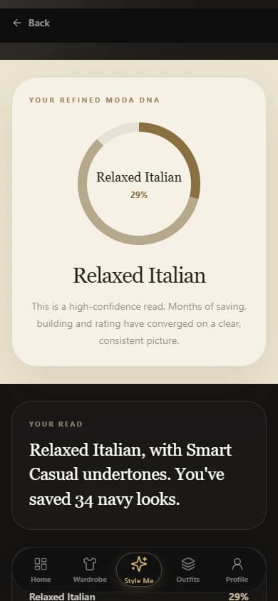 The real ModaMe Style DNA screen showing a refined personal style profile