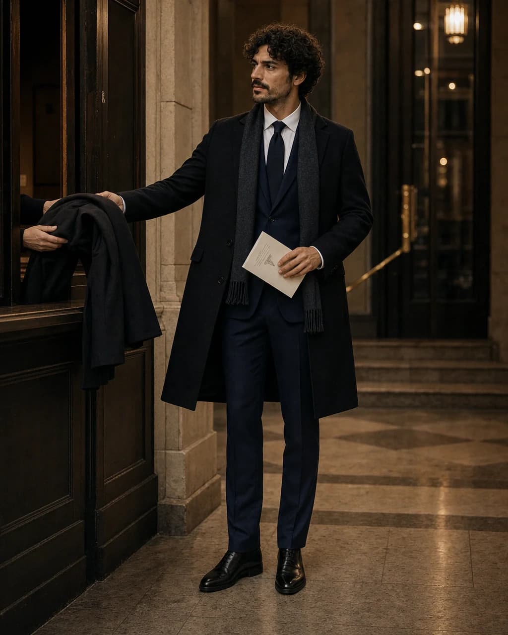 A versatile dark tailored layer completing an evening wardrobe