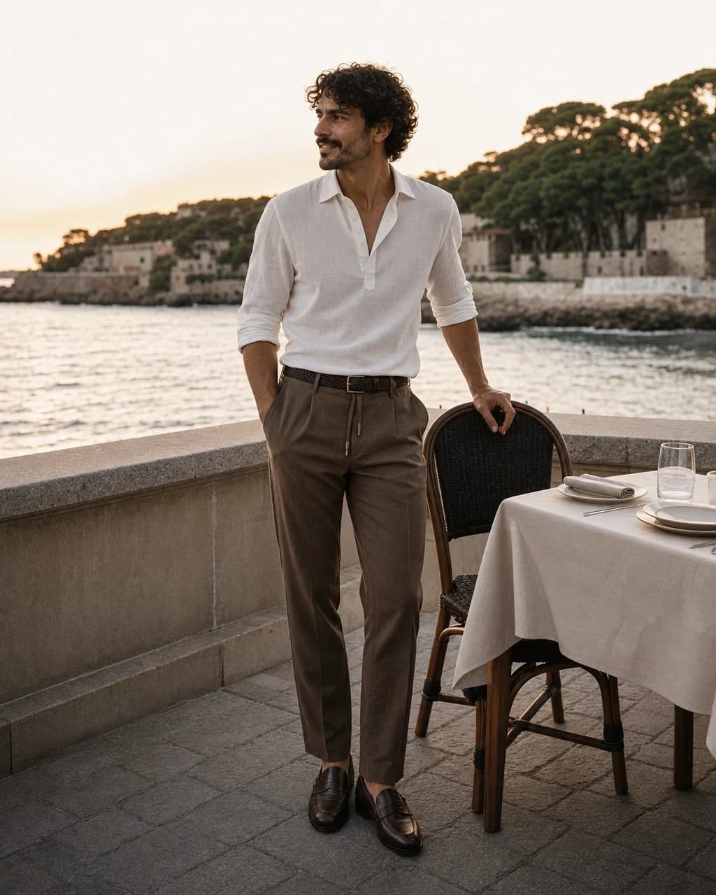 A compact warm-weather travel look in cream, navy and brown