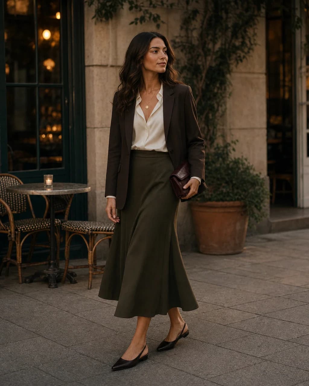 A considered composition of cream, brown and muted blue clothing