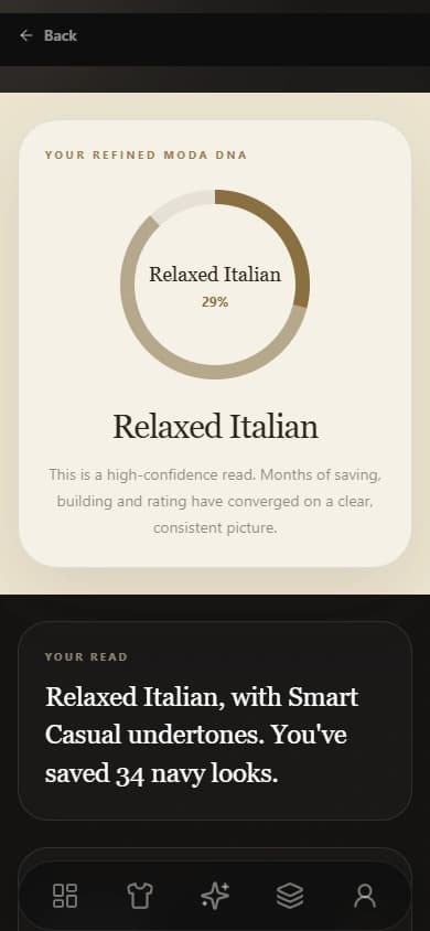 The MODAME Style DNA screen showing personal style intelligence