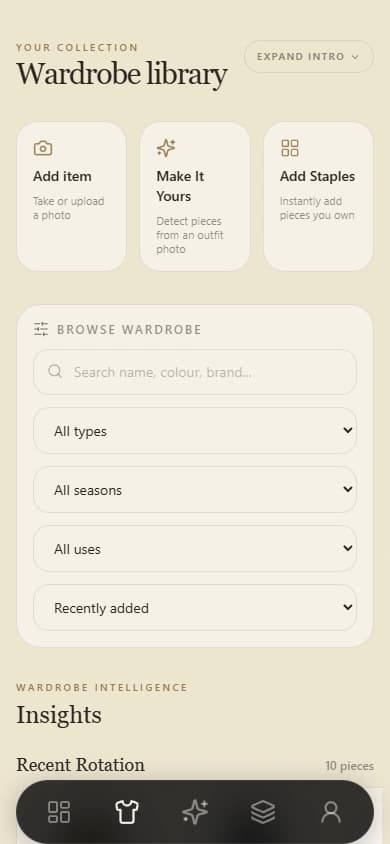 The MODAME digital wardrobe with a populated clothing collection