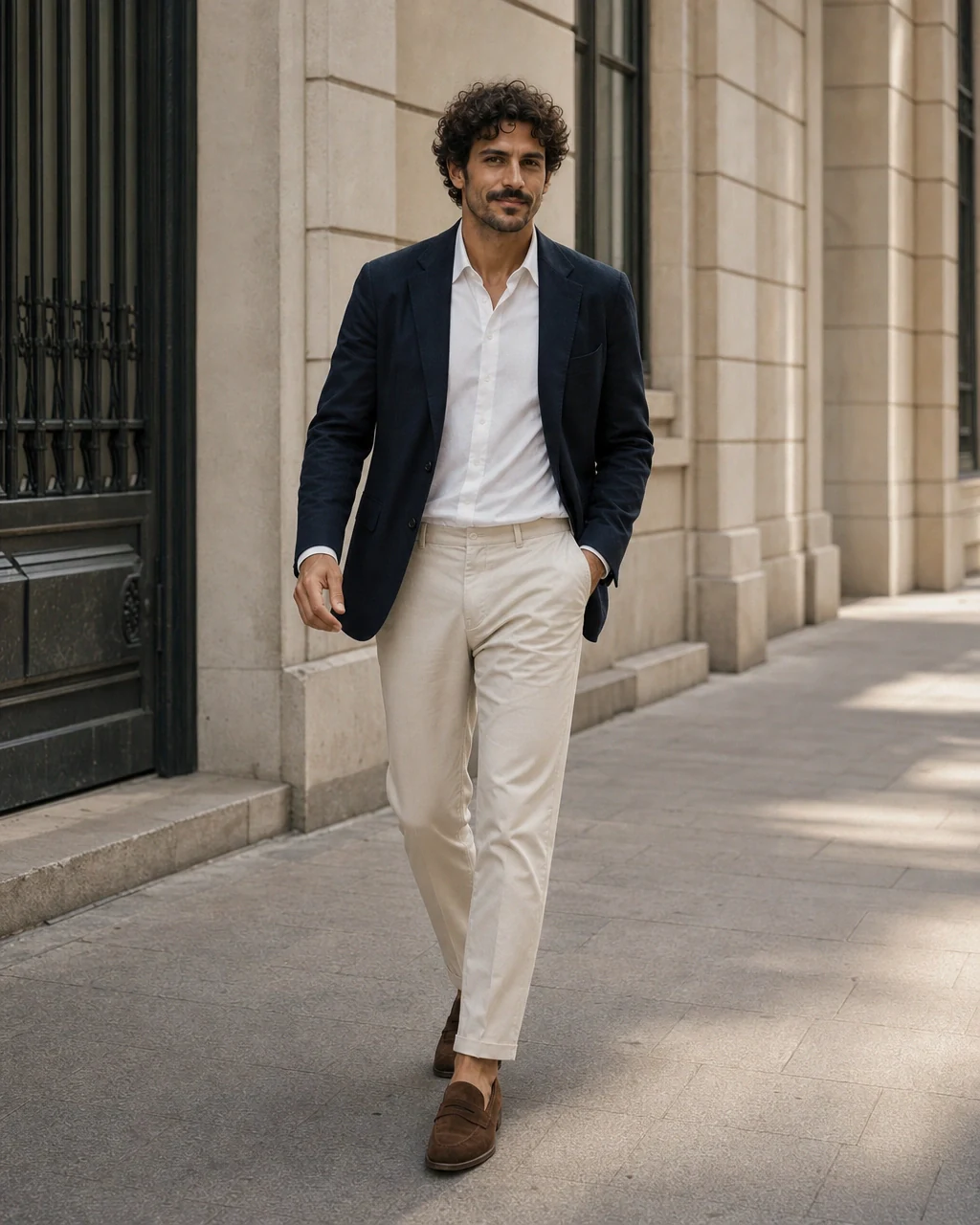 A ModaMe editorial look with navy tailoring and cream trousers
