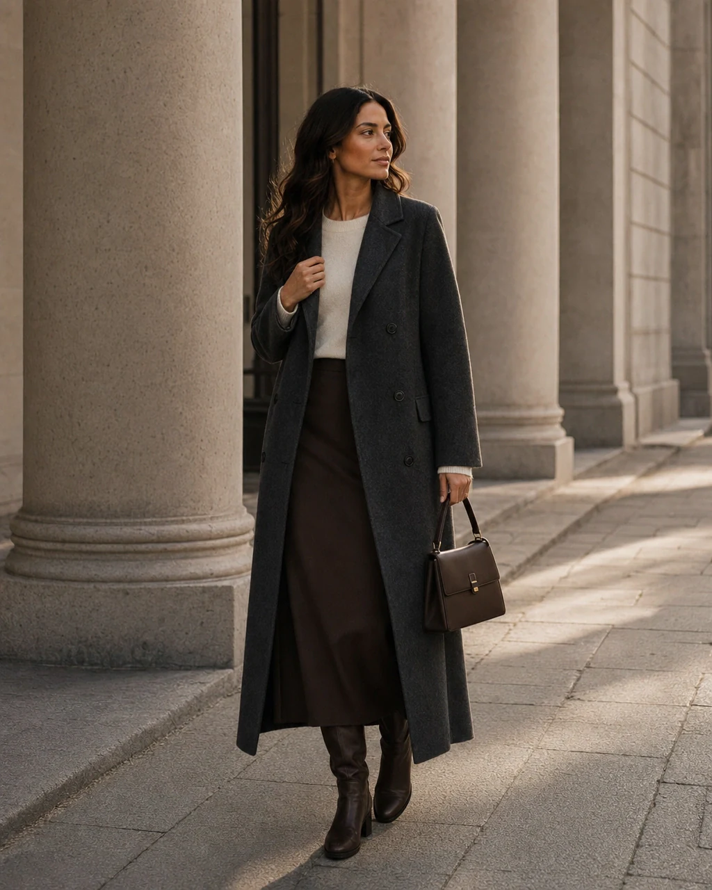 A ModaMe editorial look with a long dark coat and tailored separates